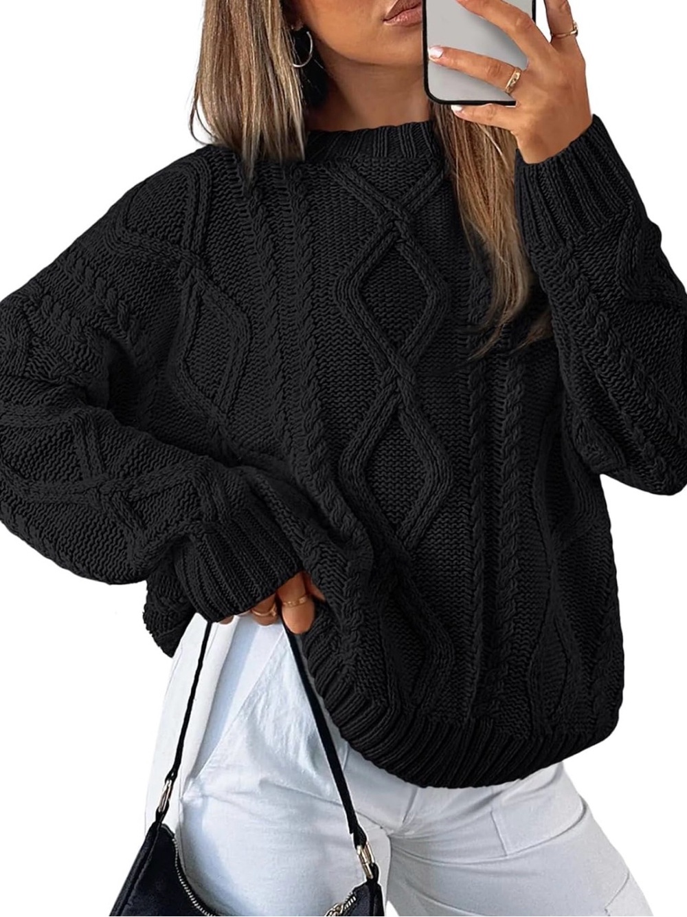 Women's Black Cable Knit Crewneck Sweater - Stylish Everyday Pullover
